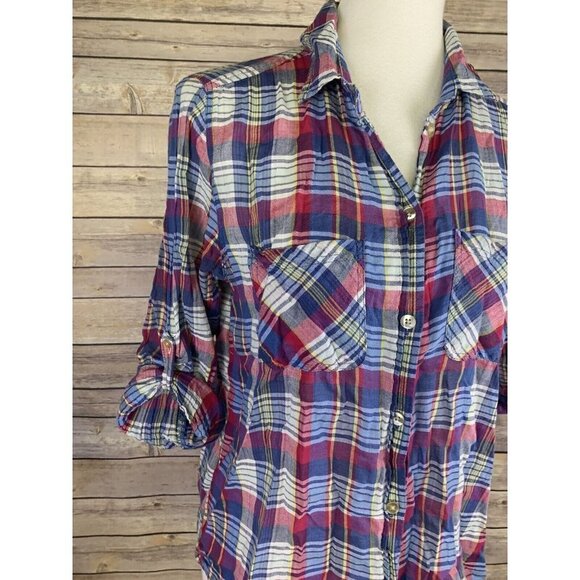 American Eagle Womens M Vintage Boyfriend Plaid Top Button Front Tabbed Sleeves - Picture 2 of 10